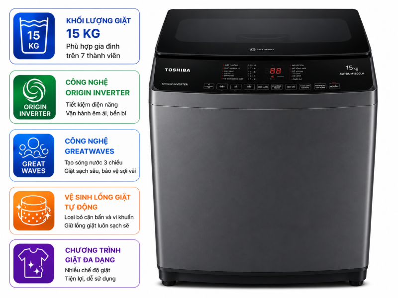 Máy giặt Toshiba Inverter 15 kg AW-DUM1600LV(SG)