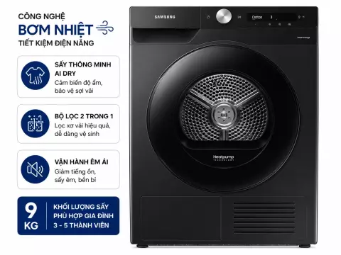 Máy sấy bơm nhiệt Samsung Inverter 9 Kg DV90T7240BB/SV