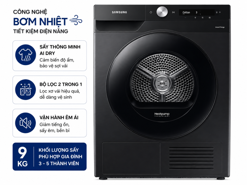 Máy sấy bơm nhiệt Samsung Inverter 9 Kg DV90T7240BB/SV