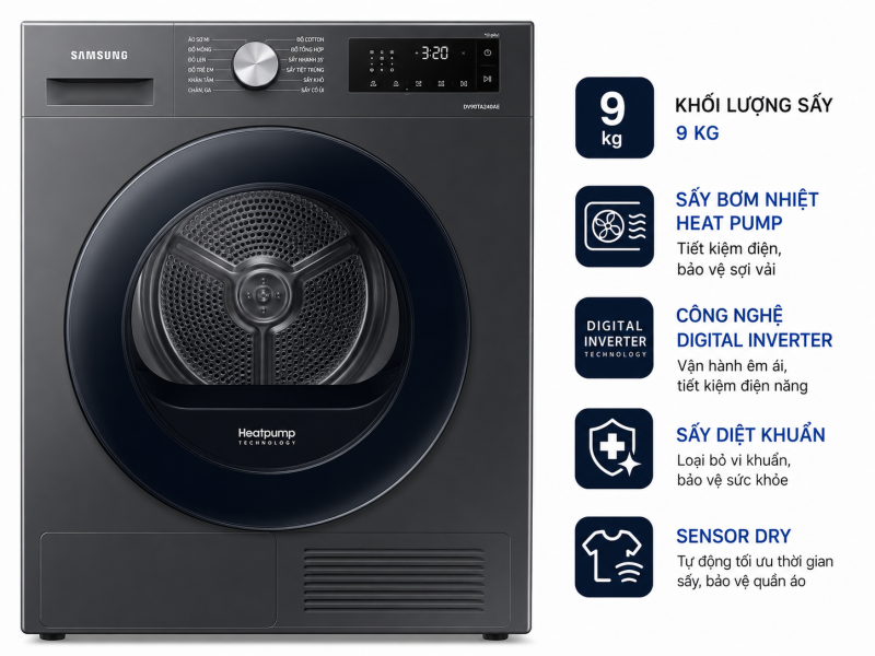 Máy sấy bơm nhiệt Samsung 9 Kg DV90TA240AE/SV
