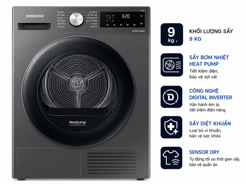 Máy sấy bơm nhiệt Samsung 9kg DV90TA240AX/SV