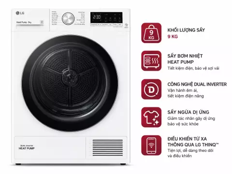 Máy sấy bơm nhiệt LG 9 Kg DVHP09W