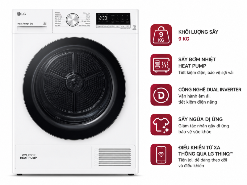 Máy sấy bơm nhiệt LG 9 Kg DVHP09W