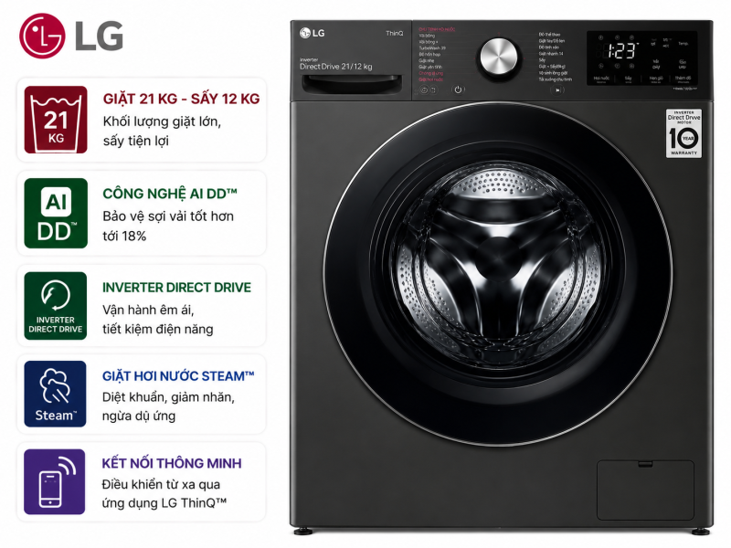 Máy giặt sấy LG Inverter 21 kg F2721HVRB