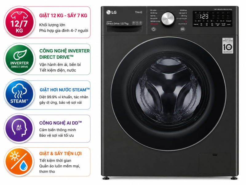 Máy giặt sấy LG Inverter giặt 12 kg - sấy 7 kg FV1412H3BA
