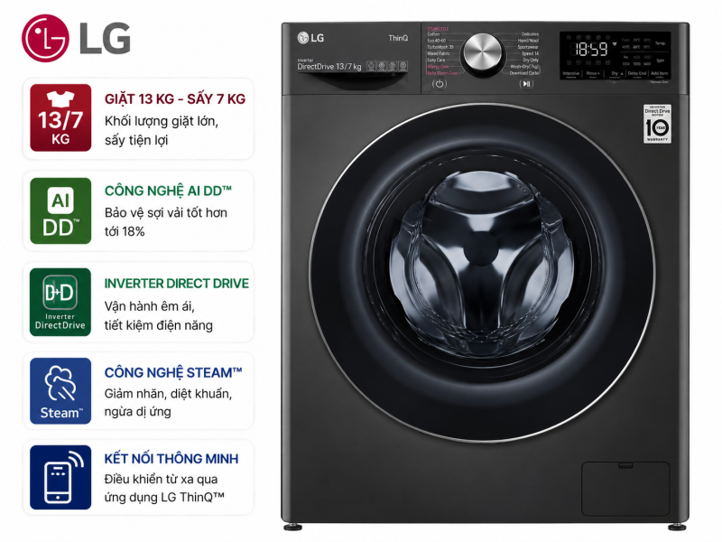 Máy giặt sấy LG Inverter 13 kg FV1413H3BA