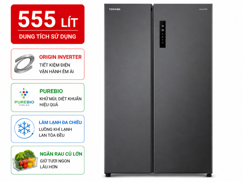 Tủ lạnh Toshiba Inverter 555 lít Side By Side GR-RS696WI-PMV(60)-AG