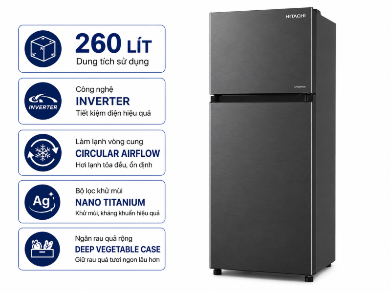 Tủ lạnh Hitachi Inverter 260 lít HRTN5275MFUVN