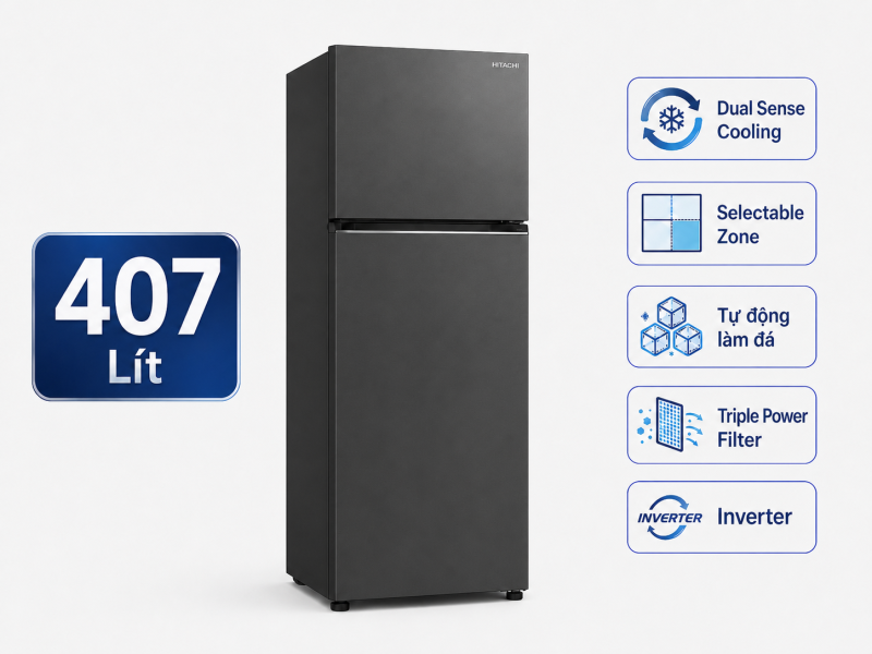 Tủ lạnh Hitachi Inverter 407 lít HRTN6443SAGMGVN