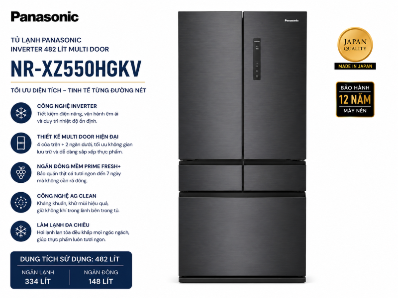 Tủ lạnh Panasonic Inverter 482 lít Multi Door NR-XZ550HGKV