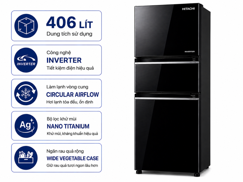 Tủ lạnh Hitachi Inverter 406 lít R-FVX510PGV9 GBK