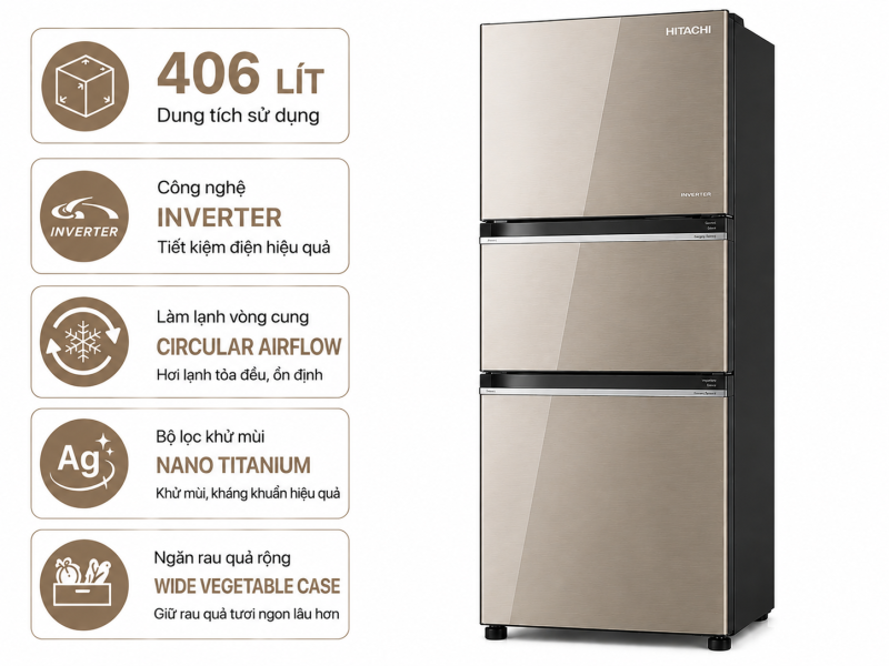 Tủ lạnh Hitachi Inverter 406 lít R-FVX510PGV9 MIR