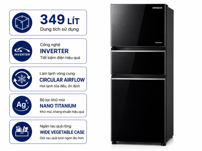 Tủ lạnh Hitachi Inverter 349 lít R-FVY480PGV0 GBK