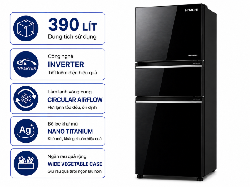 Tủ lạnh Hitachi Inverter 390 lít R-FVY510PGV0 GBK