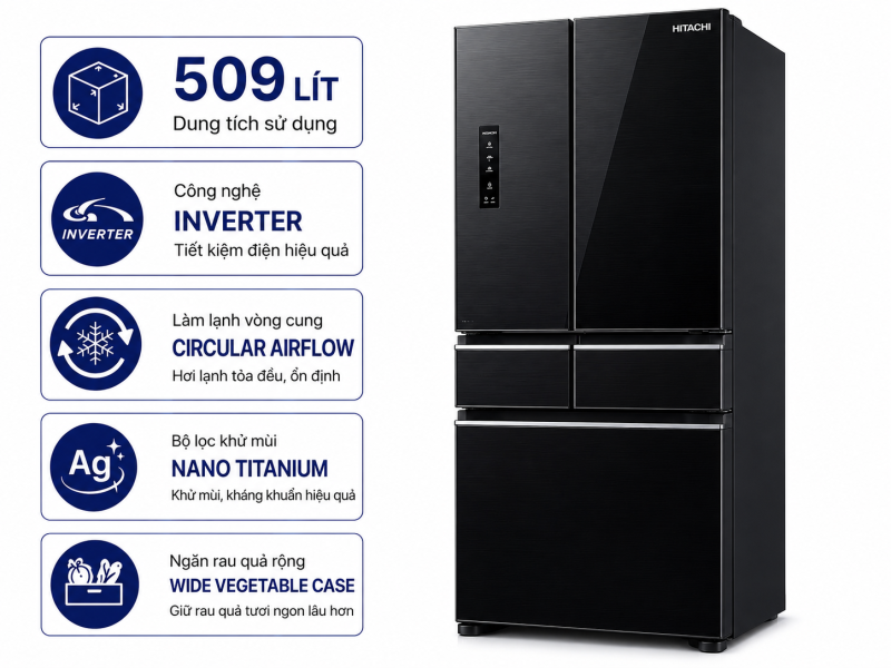 Tủ lạnh Hitachi Inverter 509 lít R-FW650PGV8 GBK