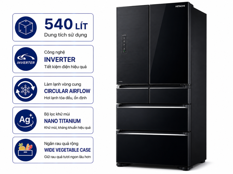 Tủ lạnh Hitachi Inverter 540 lít R-FW690PGV7 GBK