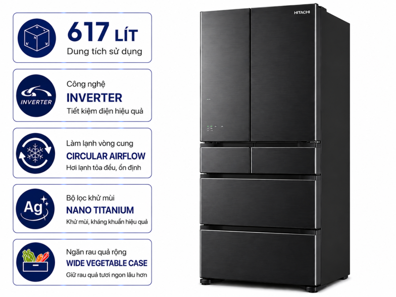 Tủ lạnh Hitachi Inverter 617 lít Multi Door R-HW620RV XK