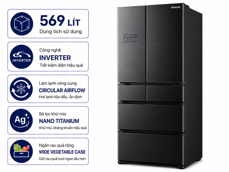 Tủ lạnh Hitachi Inverter 569 lít R-WB640PGV1 GCK