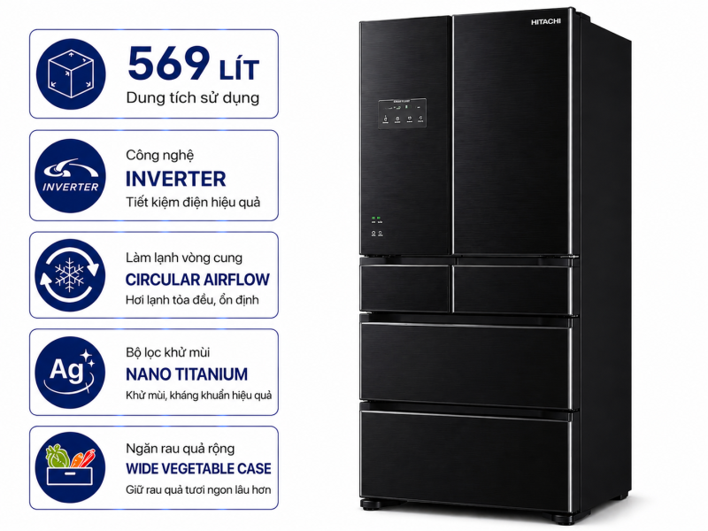 Tủ lạnh Hitachi Inverter 569 lít R-WB640VGV0 GBK