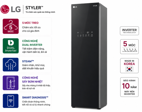 Tủ chăm sóc quần áo thông minh LG Styler Inverter 5 móc S5BOC