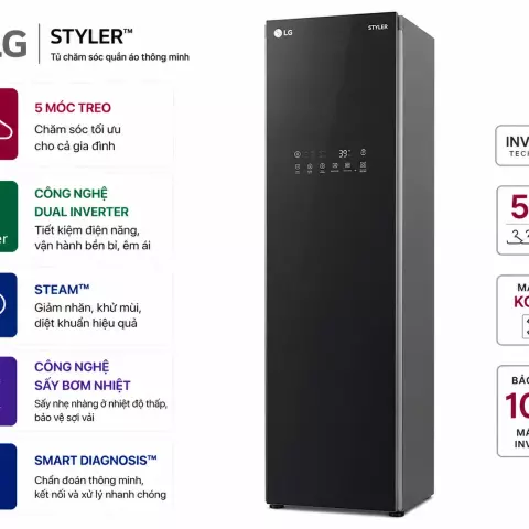Tủ chăm sóc quần áo thông minh LG Styler Inverter 5 móc S5BOC