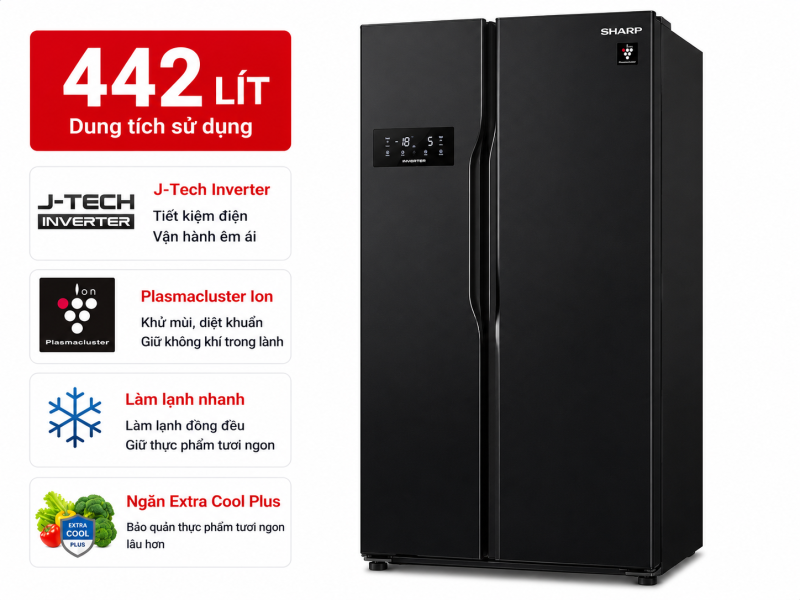 Tủ lạnh Sharp Inverter 442 lít Side By Side SJ-SBX440VG-BK