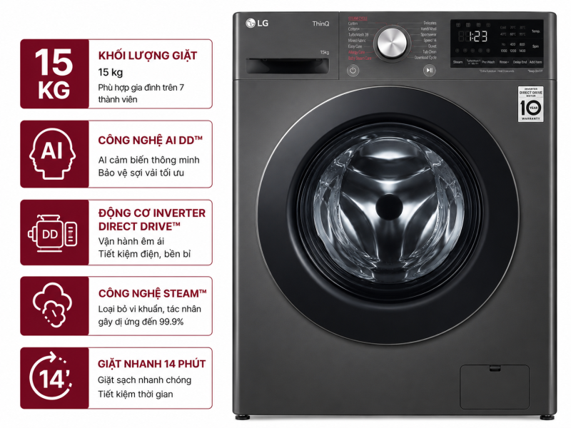 Máy giặt LG AI DD Inverter 15 kg TV2515DV5J