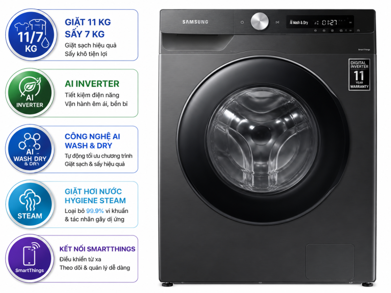 Máy giặt sấy Samsung AI Inverter 11kg WD11T734DBX/SV