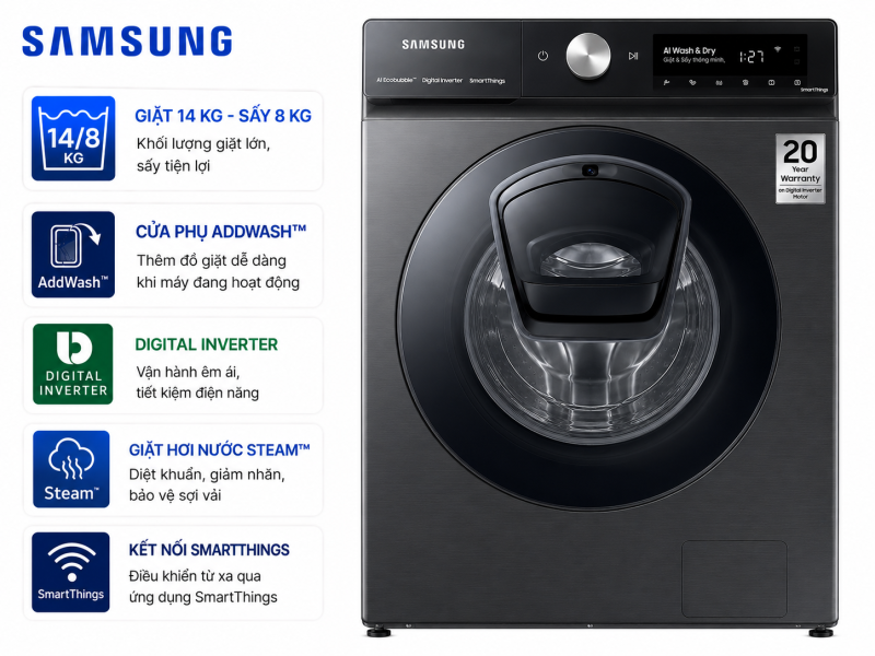 Máy giặt sấy Samsung Inverter 14 kg WD14BB944DGMSV