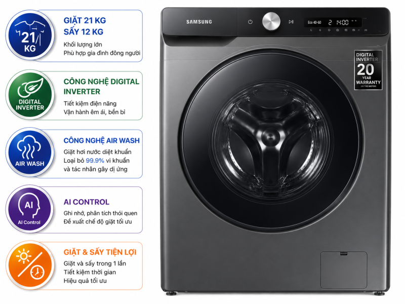 Máy giặt sấy Samsung Inverter 21 kg WD21T6500GV/SV