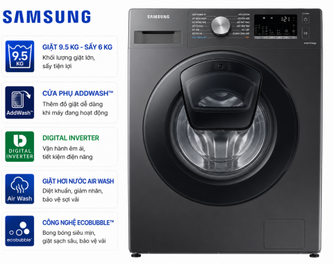 Máy giặt sấy Samsung Addwash Inverter 9.5kg WD95T754DBX/SV