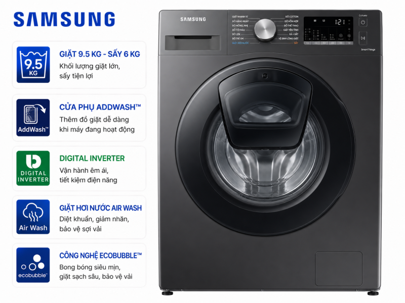 Máy giặt sấy Samsung Addwash Inverter 9.5kg WD95T754DBX/SV