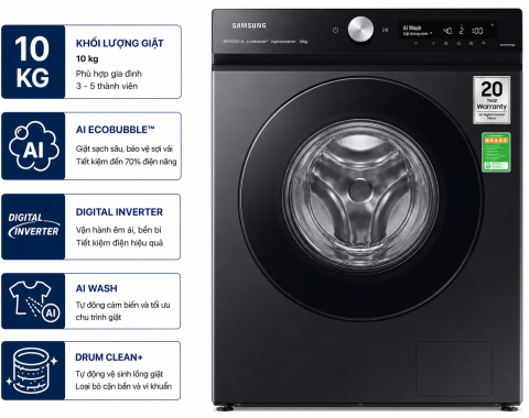 Máy giặt Samsung Bespoke AI EcoBubble Inverter 10 kg WW10DB7U34GBSV