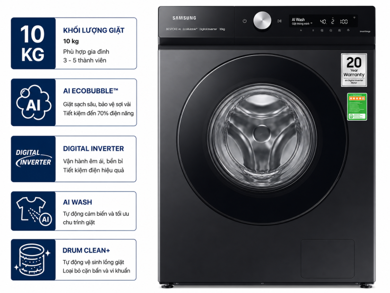 Máy giặt Samsung Bespoke AI EcoBubble Inverter 10 kg WW10DB7U34GBSV