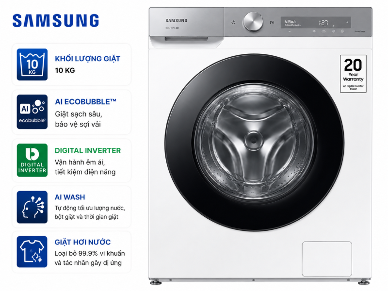 Máy giặt Samsung Bespoke AI EcoBubble Inverter 10 kg WW10DB7U34GWSV