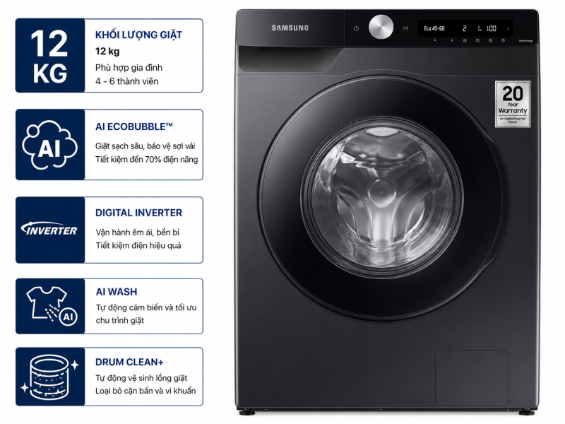 Máy giặt Samsung AI EcoBubble Inverter 12 kg WW12CG604DLBSV