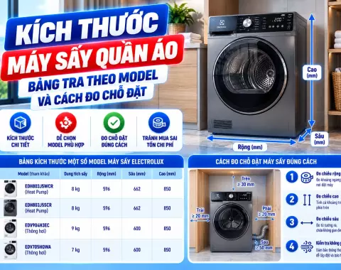 Kích thước máy sấy quần áo: Bảng tra theo model và cách đo chỗ đặt