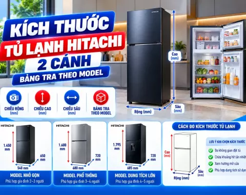 Kích thước tủ lạnh Hitachi 2 cánh: Bảng tra theo model