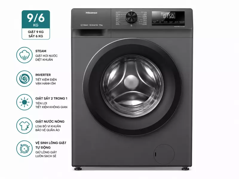 Máy giặt sấy Hisense Inverter giặt 9 kg - sấy 6 kg WD90N1Y