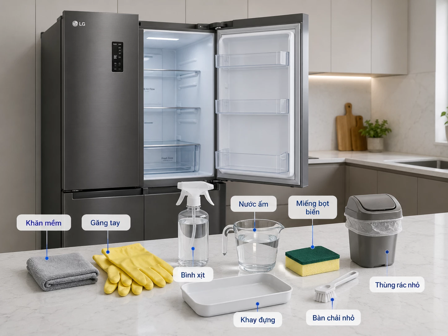 dụng cụ chuẩn bị trước khi vệ sinh tủ lạnh LG tại nhà