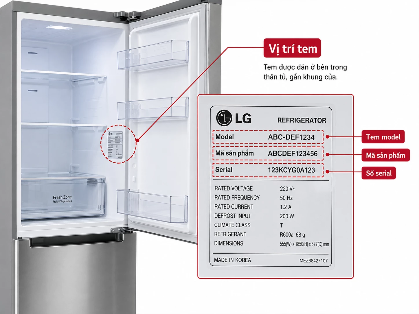 vị trí tem model tủ lạnh LG trước khi tháo ngăn đông