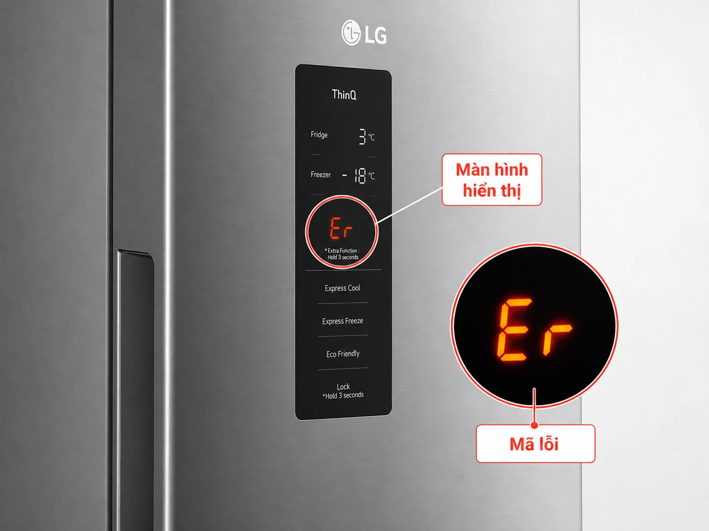 Kiểm tra mã lỗi trên tủ lạnh LG Màn hình hiển thị mã lỗi trên tủ lạnh LG
