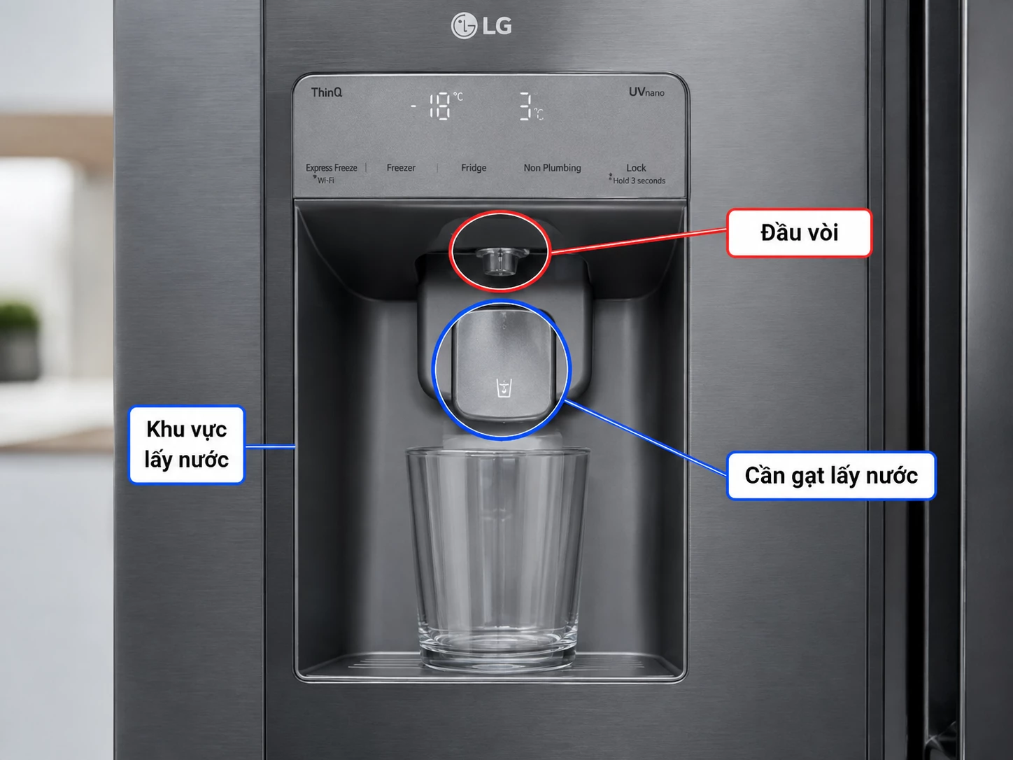phân biệt đầu vòi và cần gạt lấy nước tủ lạnh LG