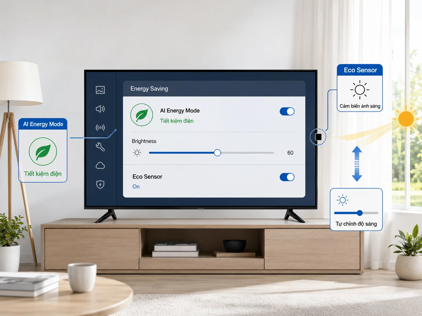 AI Energy Mode và Eco Sensor trên tivi Samsung