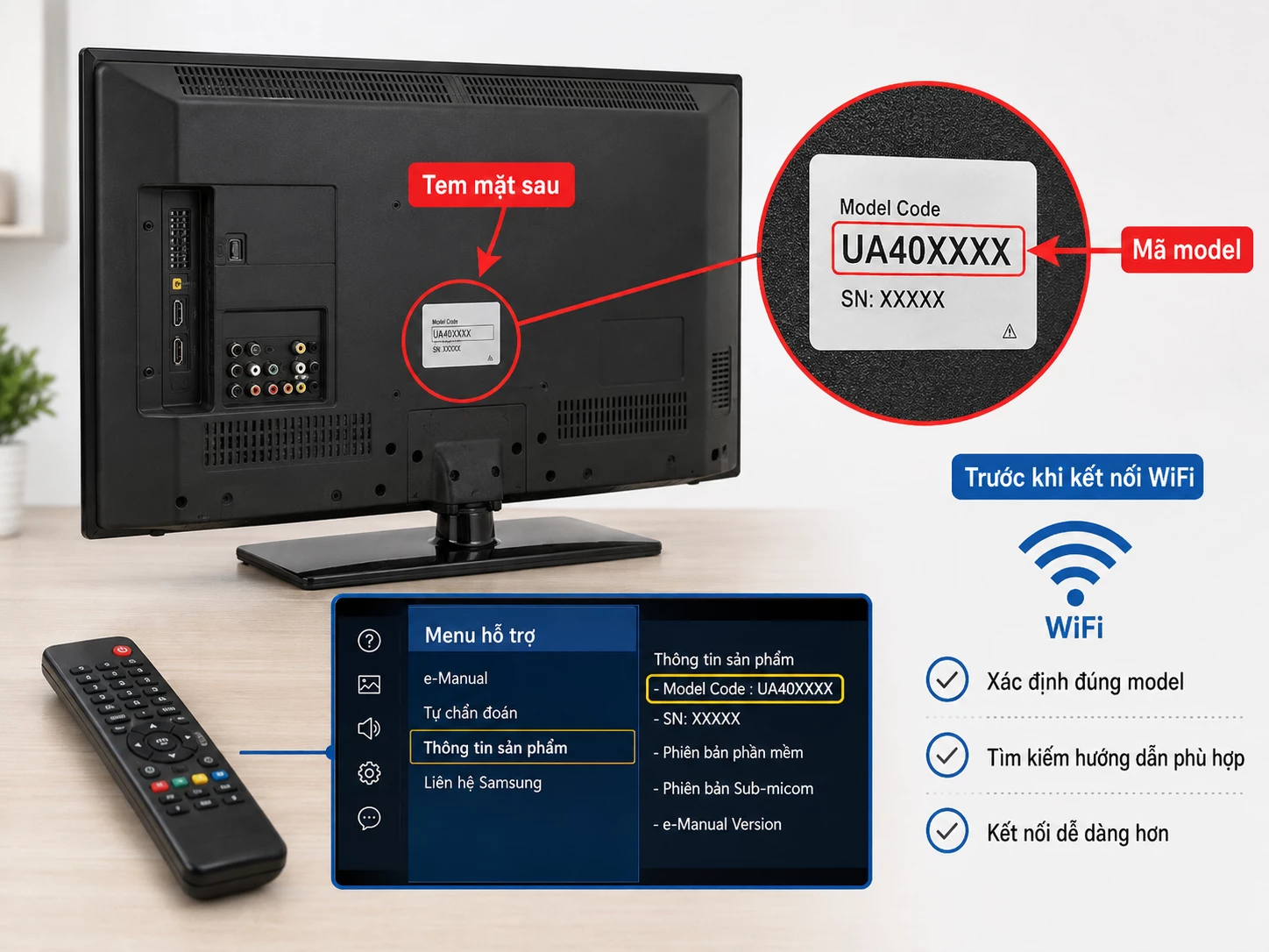 Tìm model và serial tivi Samsung vị trí tem model serial khi tivi Samsung nháy 5 nhịp
