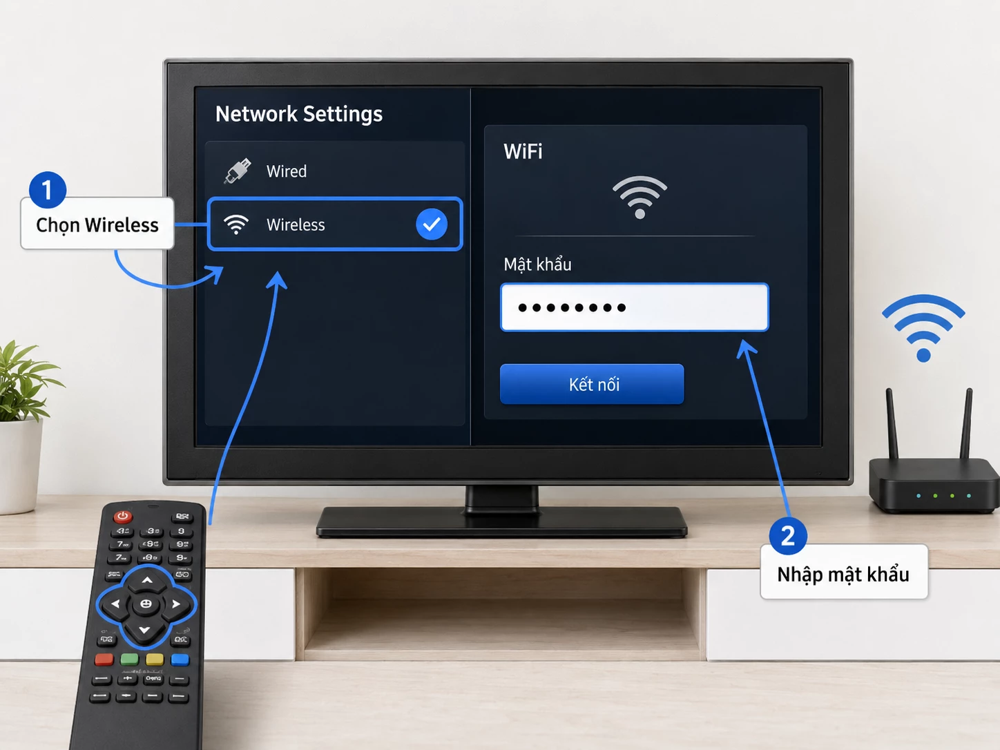chọn Wireless và nhập mật khẩu WiFi trên tivi Samsung đời cũ