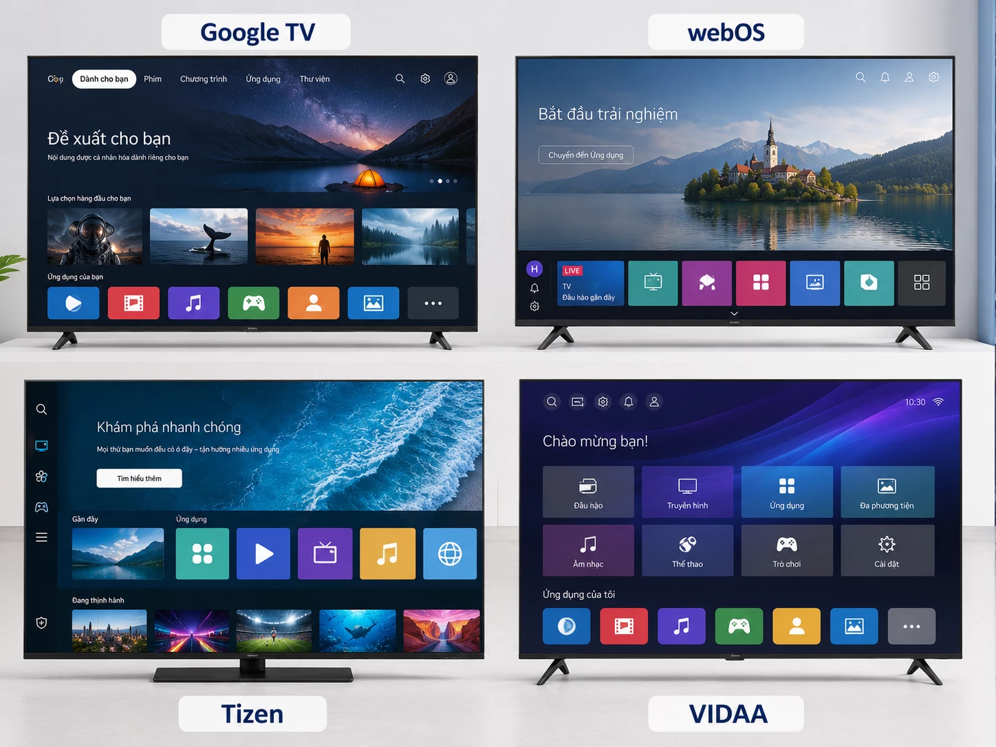 giao diện Google TV webOS Tizen và VIDAA trên Smart Tivi
