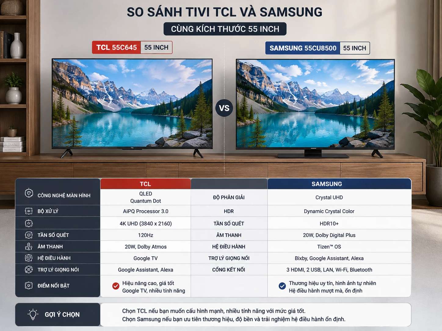 Hai mẫu Tivi TCL và Samsung cùng kích thước được đặt cạnh nhau để so sánh