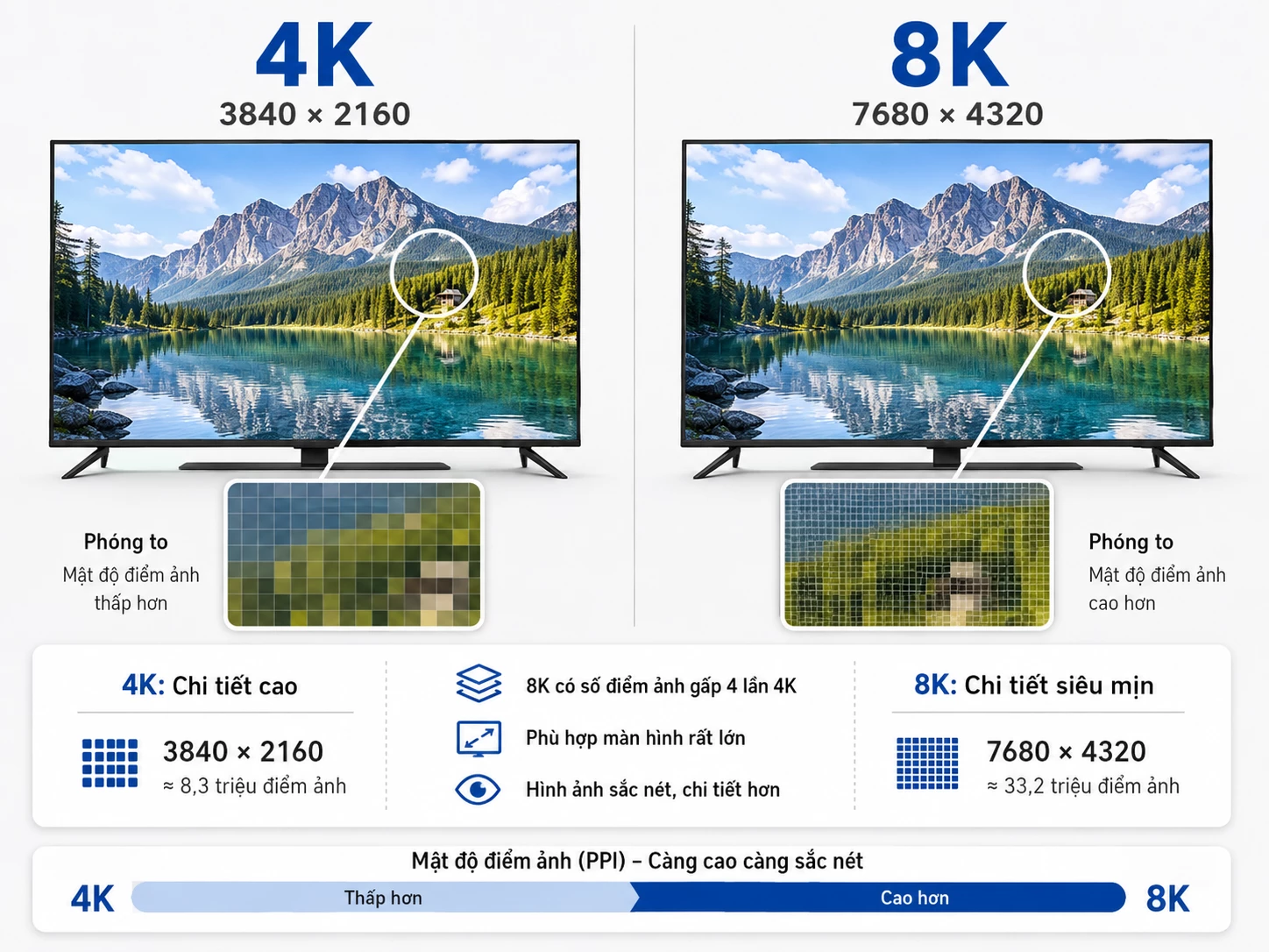 Infographic so sánh độ phân giải Tivi 8K 7680x4320 và 4K 3840x2160