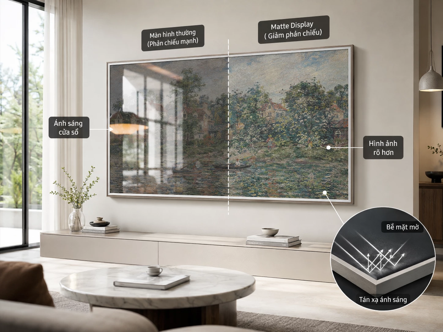 Matte Display trên Samsung The Frame Minh họa Matte Display giảm phản chiếu trên tivi tranh Samsung